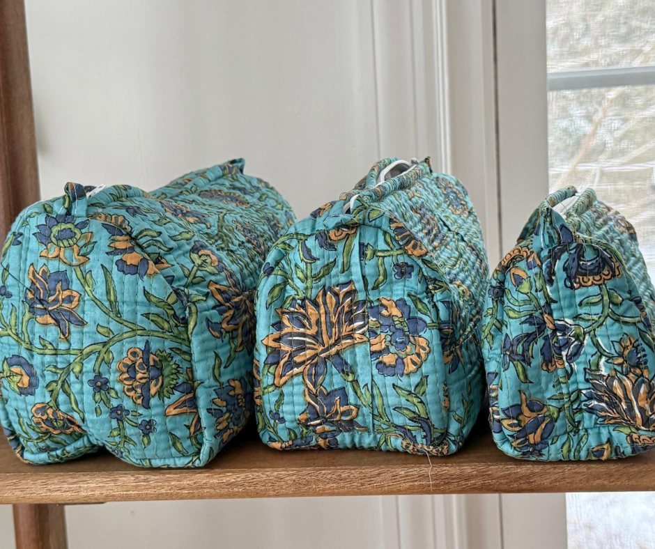 Block Printed Toiletry Bag in Floral Blue - Set of 3