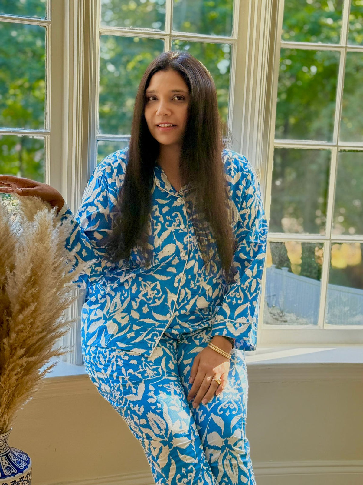 Royal Blue & White Hand Block Print Cotton Pajama Set, Botanical Sleepwear & Lounge Apparel, Azure Botanical Print