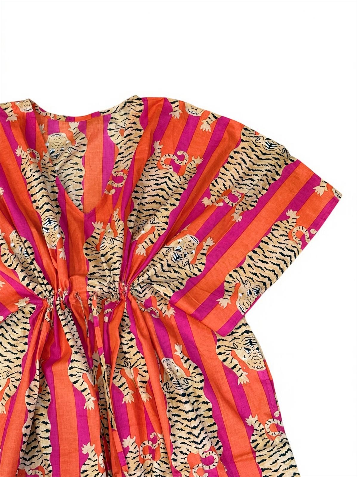 Orange Block Printed Cotton Kaftan