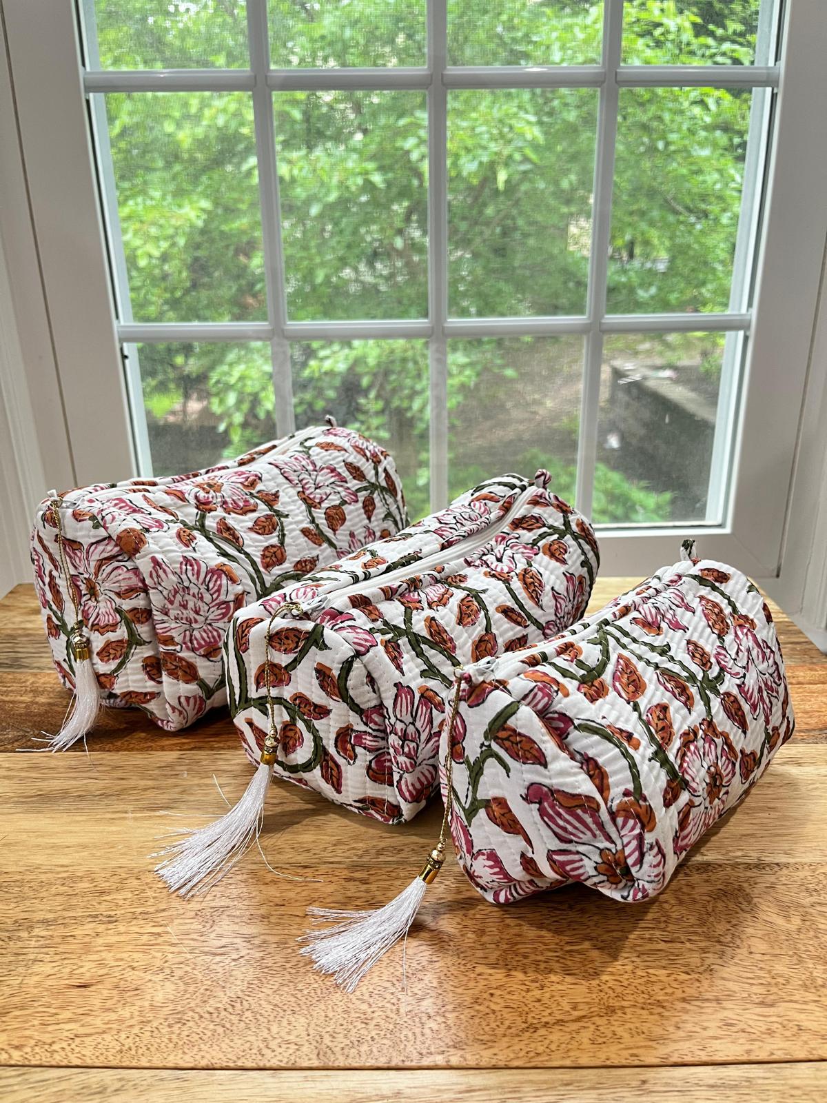 Floral Block Printed Toiletry Bag - Set of 3