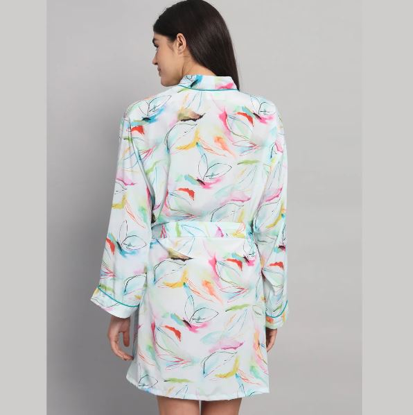 Pastel Watercolor Silk Satin Short Bathrobe | Abstract Floral Print Teal Trim Luxury Bridal Lounge Robe