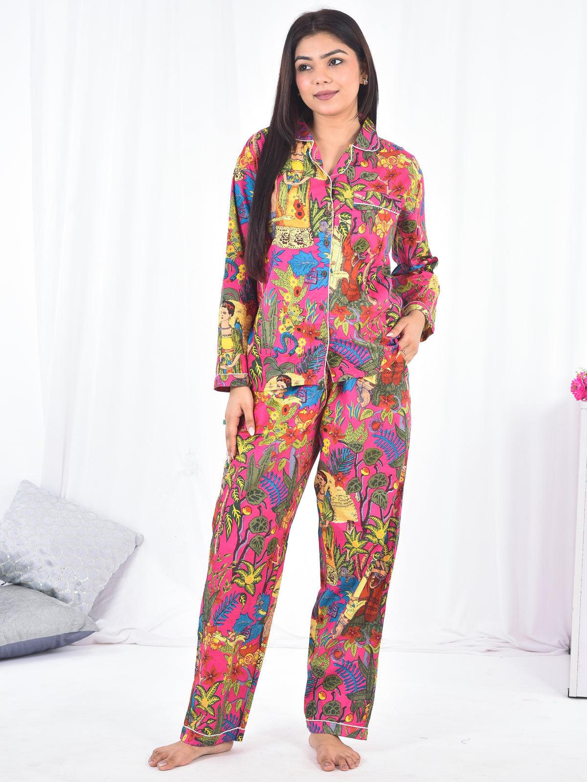 Pink Frida Kahlo & Tropical Parrot Print Cotton Pajama Set, Artistic Bohemian Sleepwear & Loungewear