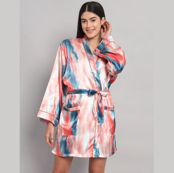 Coral Pink & Teal Silk Satin Short Bathrobe | Abstract Marble Dye Print Luxury Lounge Robe & Nightwear
