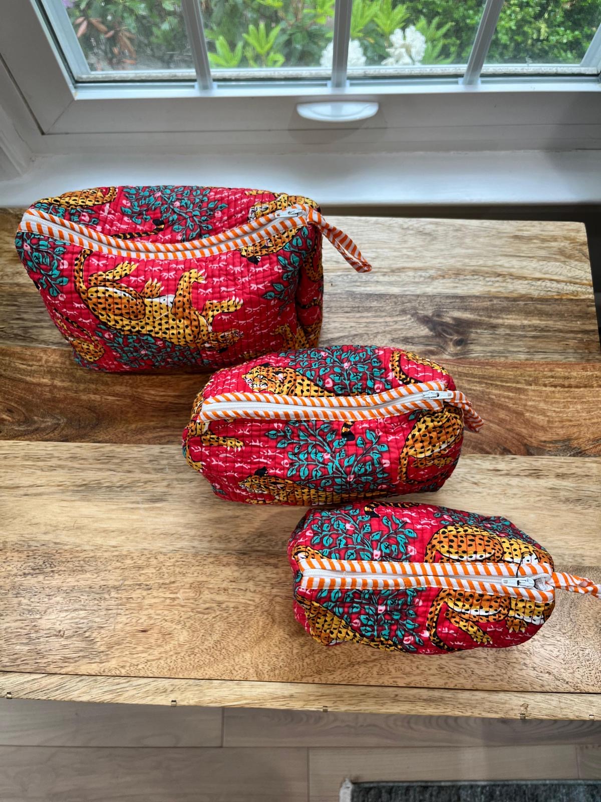 Red Jungle Block Printed Toiletry Bag - Set of 3