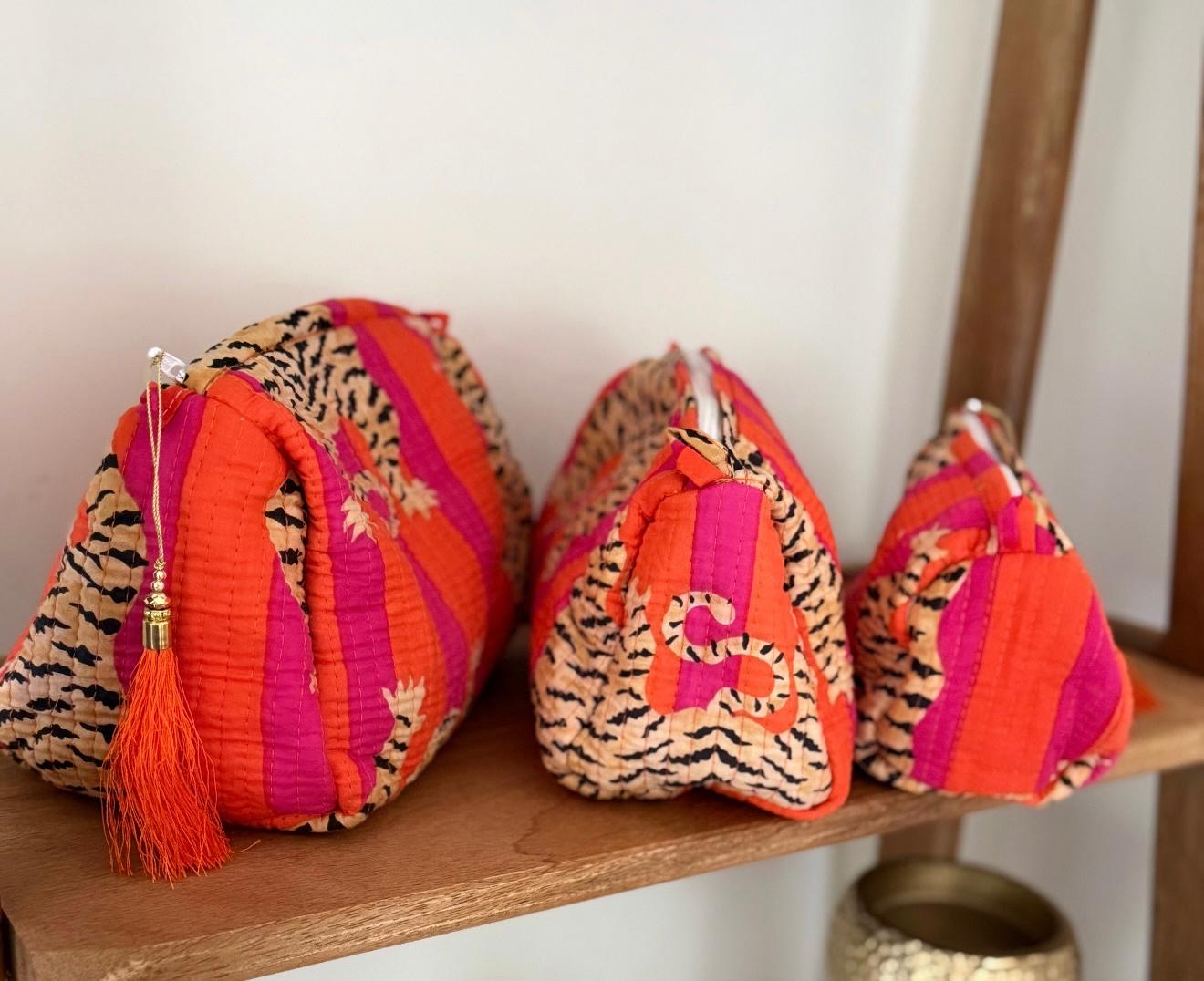 Orange Block Printed Toiletry Bag - Set of 3