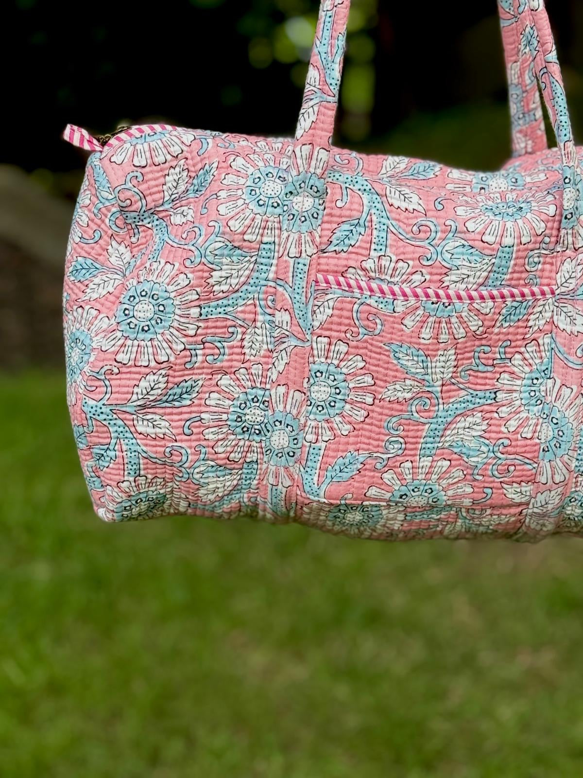 Pink Floral Block Printed Duffel Bag