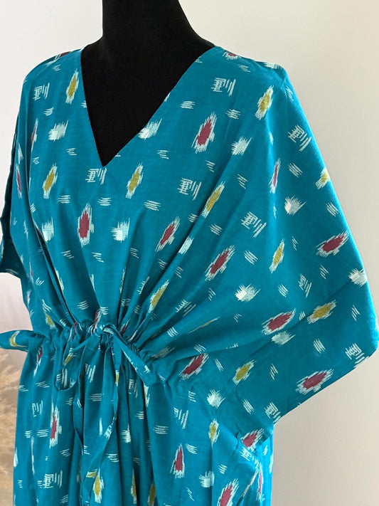 Hand Block Print Cotton Kaftan - Teal Blue Ikat Long Maxi Dress, Soft Loungewear