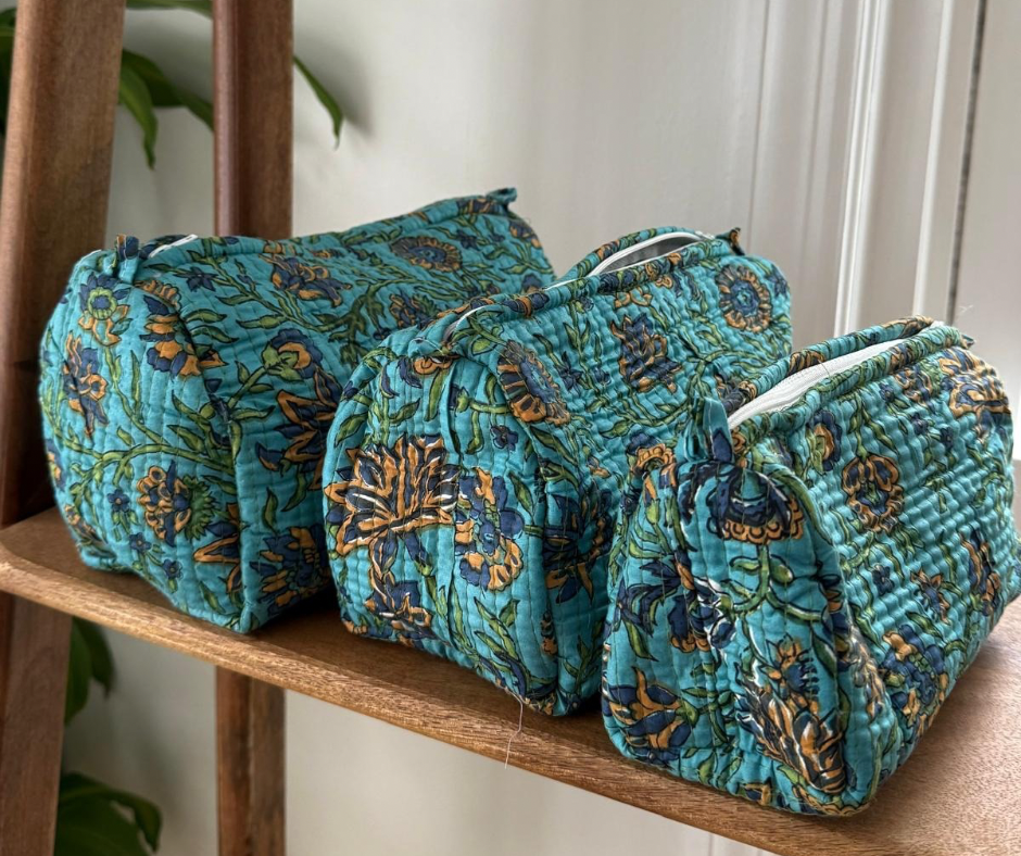 Block Printed Toiletry Bag in Floral Blue - Set of 3