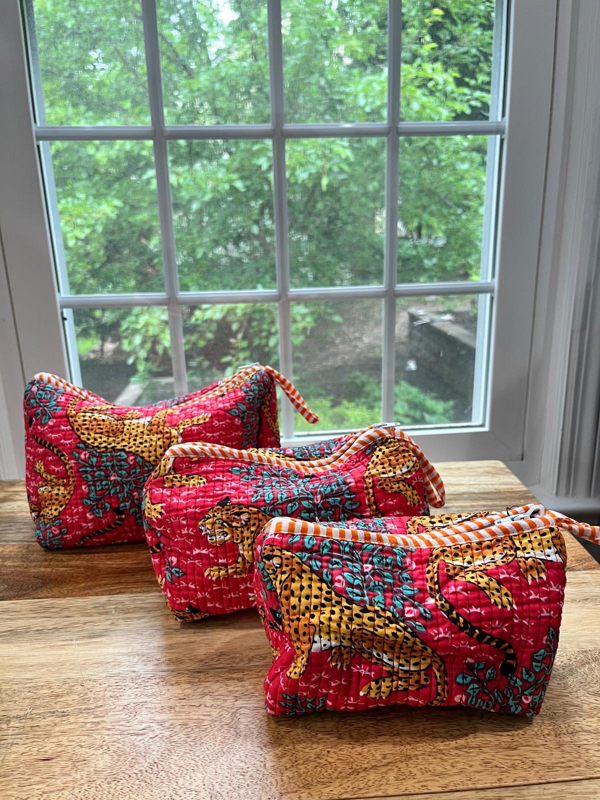 Red Jungle Block Printed Toiletry Bag - Set of 3