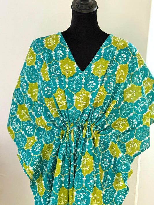 Hand Block Print Cotton Kaftan - Turquoise Geometric Long Maxi Dress, Soft Loungewear
