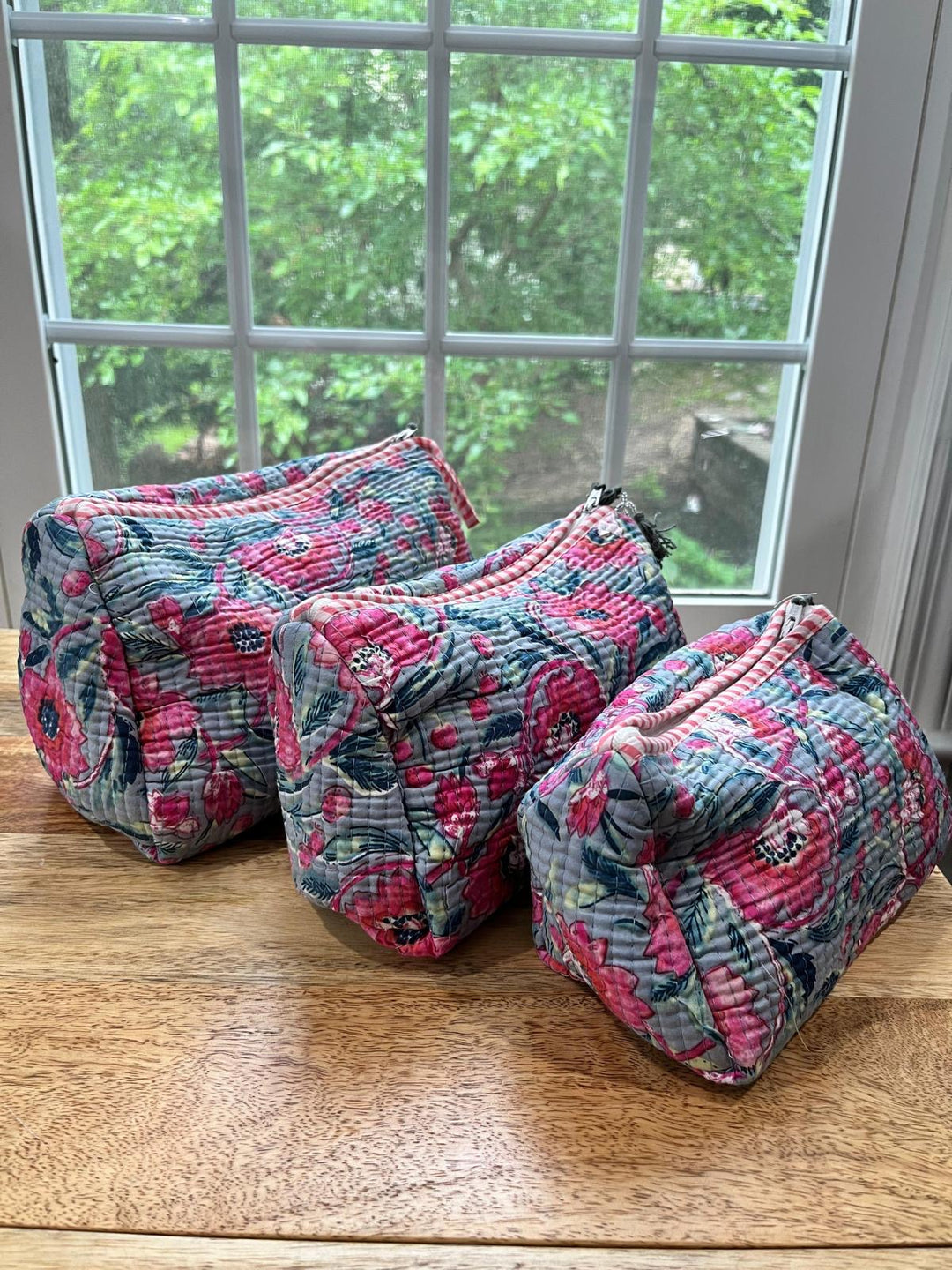 Pink & Grey Floral Block Printed Toiletry Bag - Set of 3