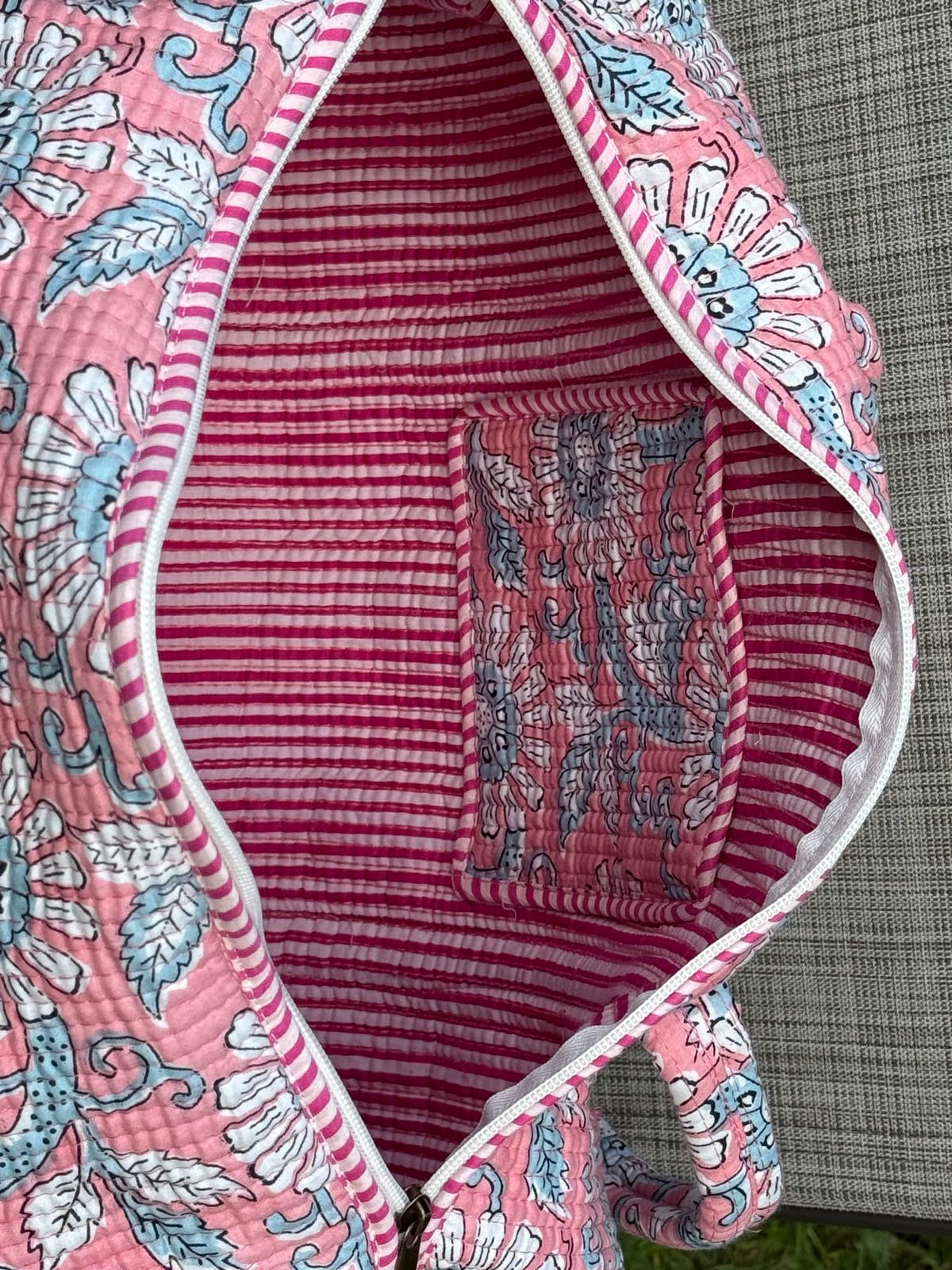 Pink Floral Block Printed Duffel Bag