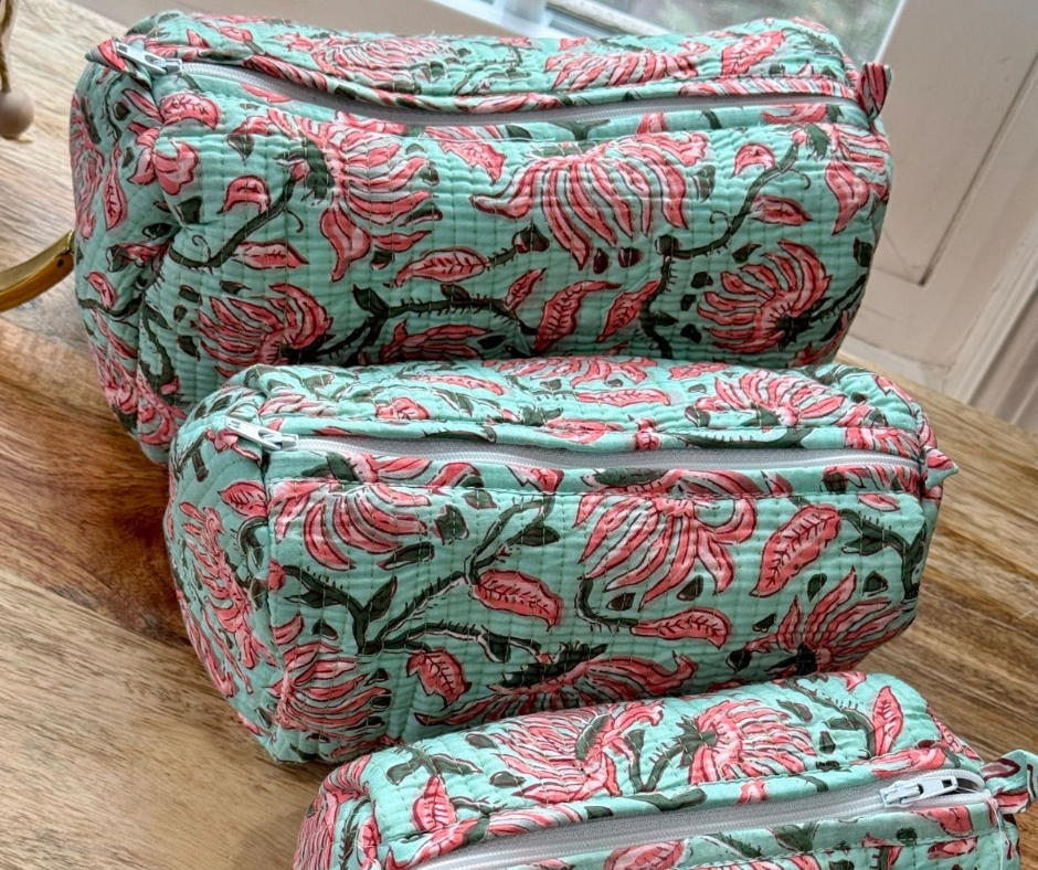 Block Printed Toiletry Bag in Pista Green - Set of 3