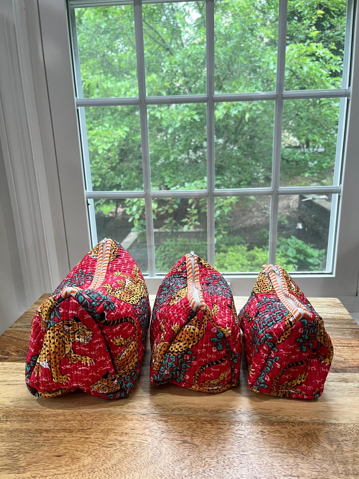 Red Jungle Block Printed Toiletry Bag - Set of 3