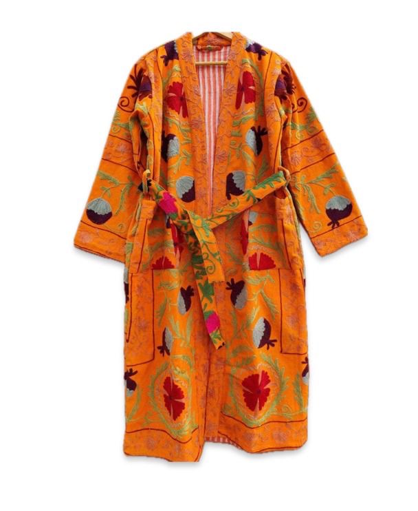 Suzani Embroidery Bath Robe in Orange