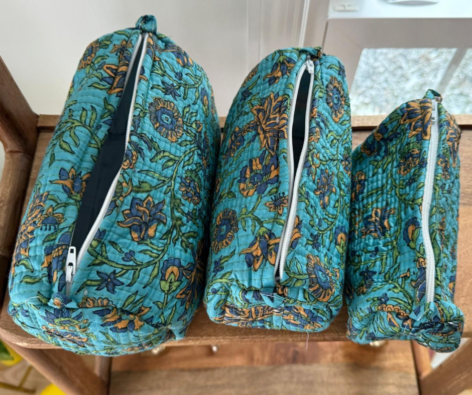 Block Printed Toiletry Bag in Floral Blue - Set of 3