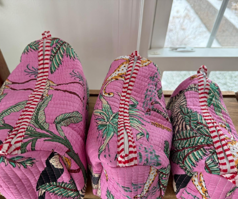 Jungle Block Printed Toiletry Bag in Baby Pink - Set of 3