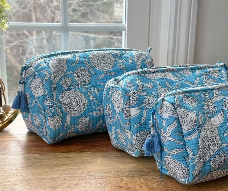 Block Printed Toiletry Bag in Baby Blue - Set of 3