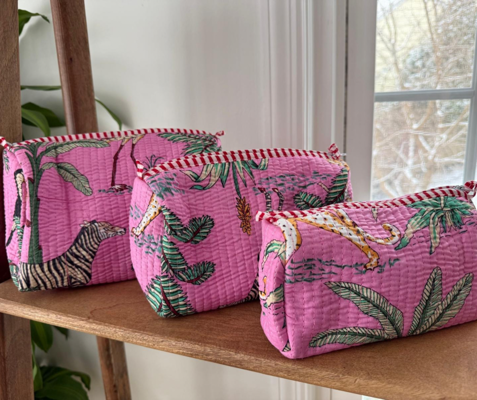 Jungle Block Printed Toiletry Bag in Baby Pink - Set of 3