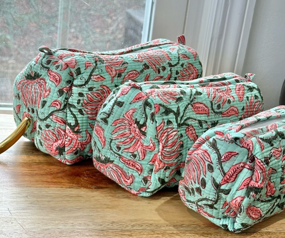 Block Printed Toiletry Bag in Pista Green - Set of 3
