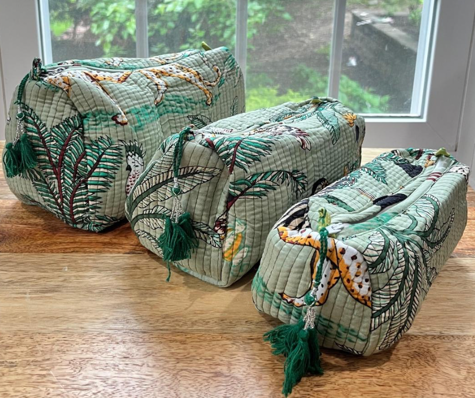 Green Jungle Block Printed Toiletry Bag - Set of 3