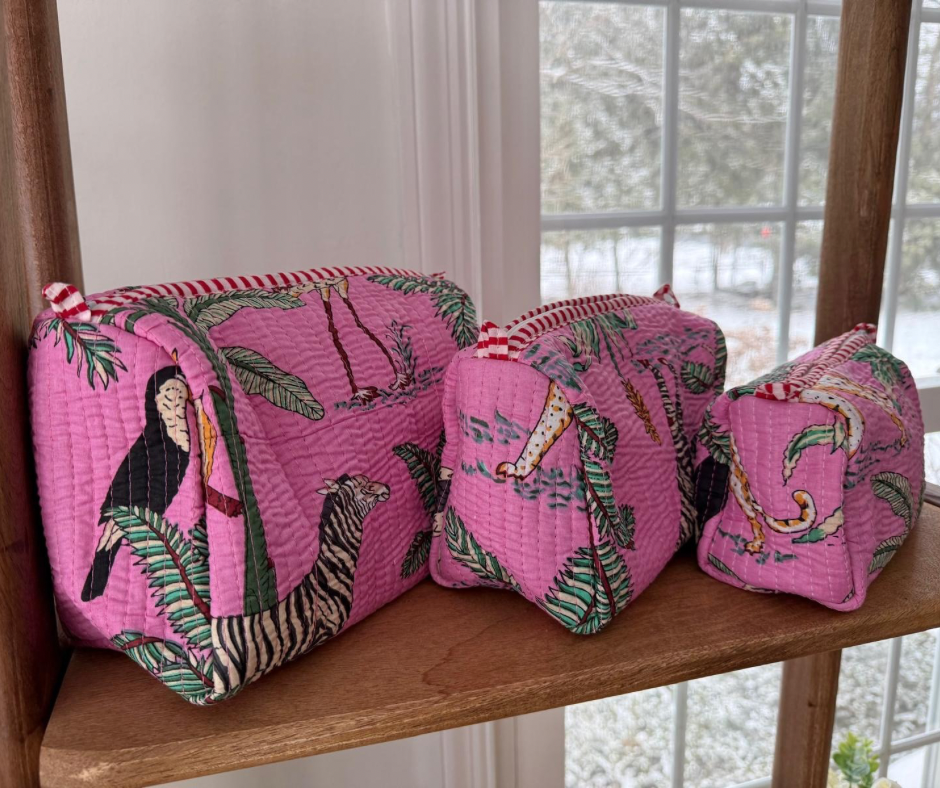 Jungle Block Printed Toiletry Bag in Baby Pink - Set of 3