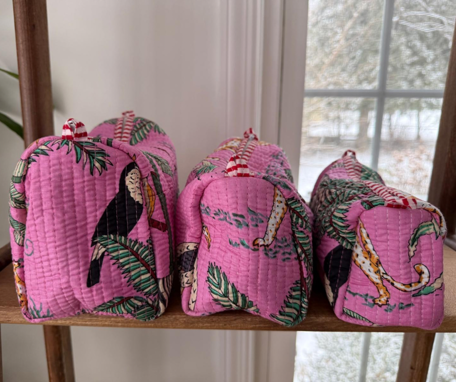 Jungle Block Printed Toiletry Bag in Baby Pink - Set of 3