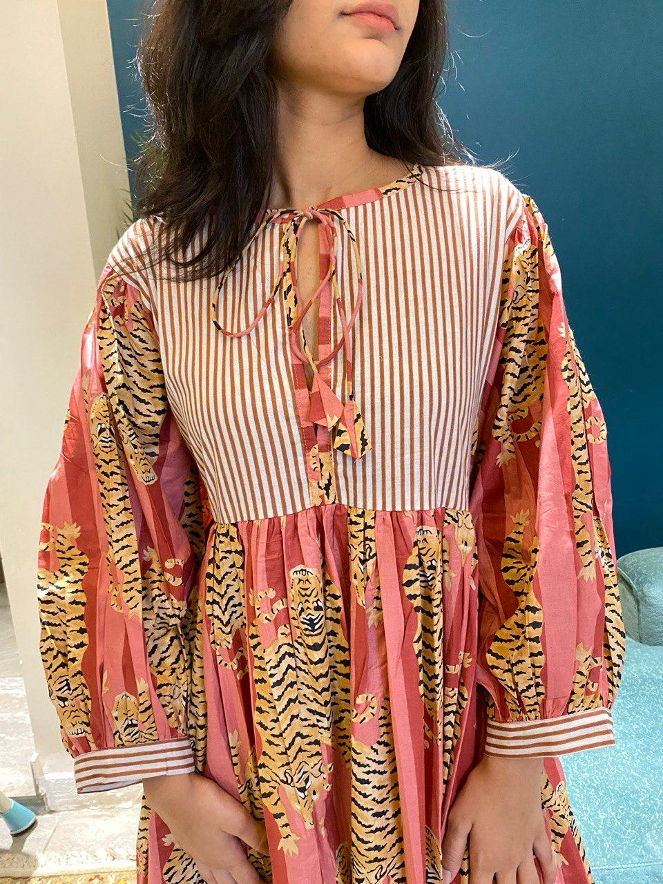 Tiger Block Printed Midi Dress - Red