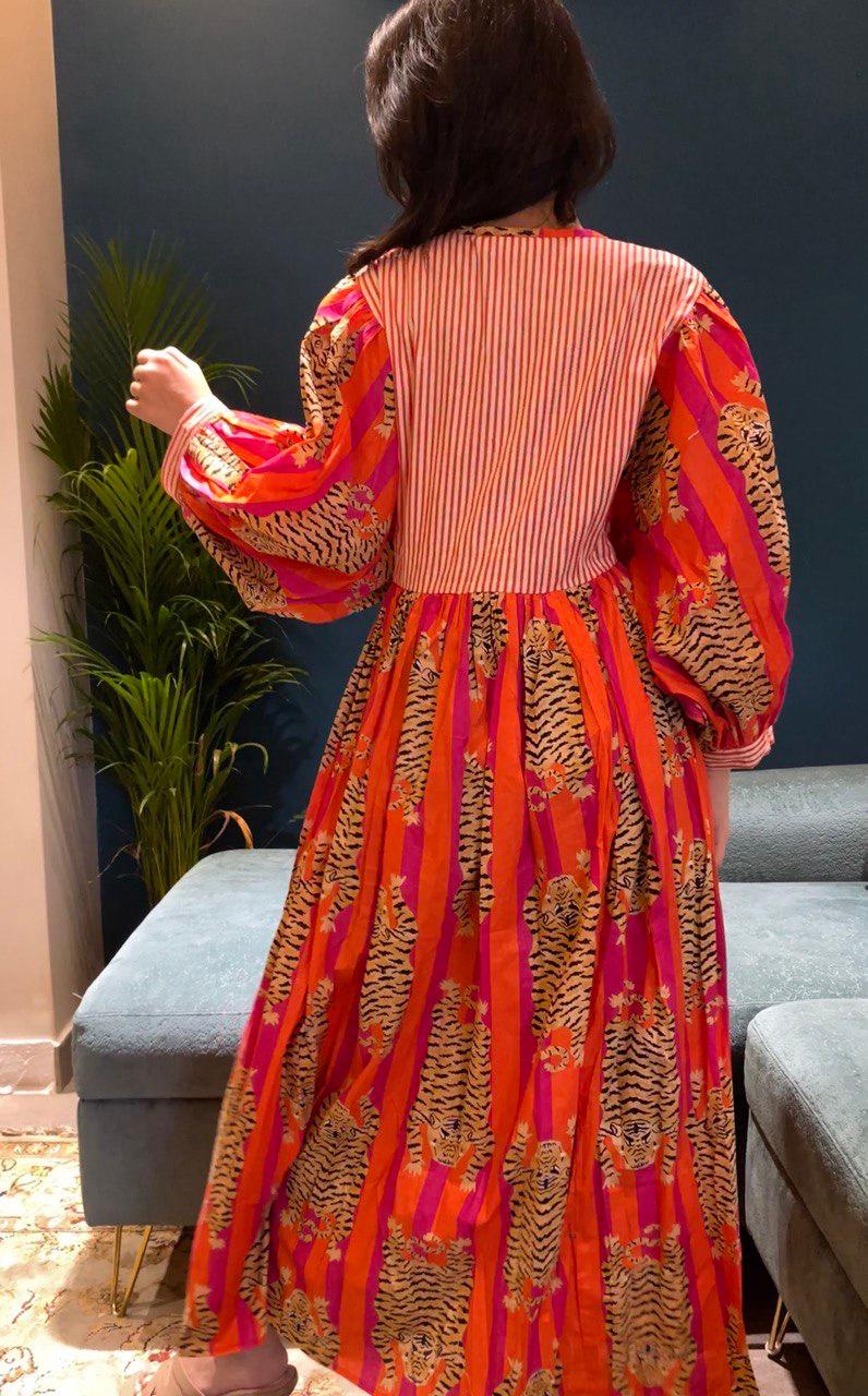 Tiger Block Printed Midi Dress - Orange