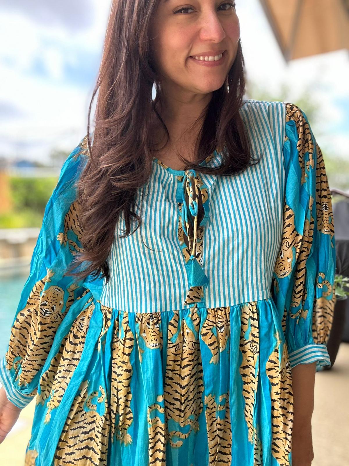 Tiger Block Printed Midi Dress - Blue