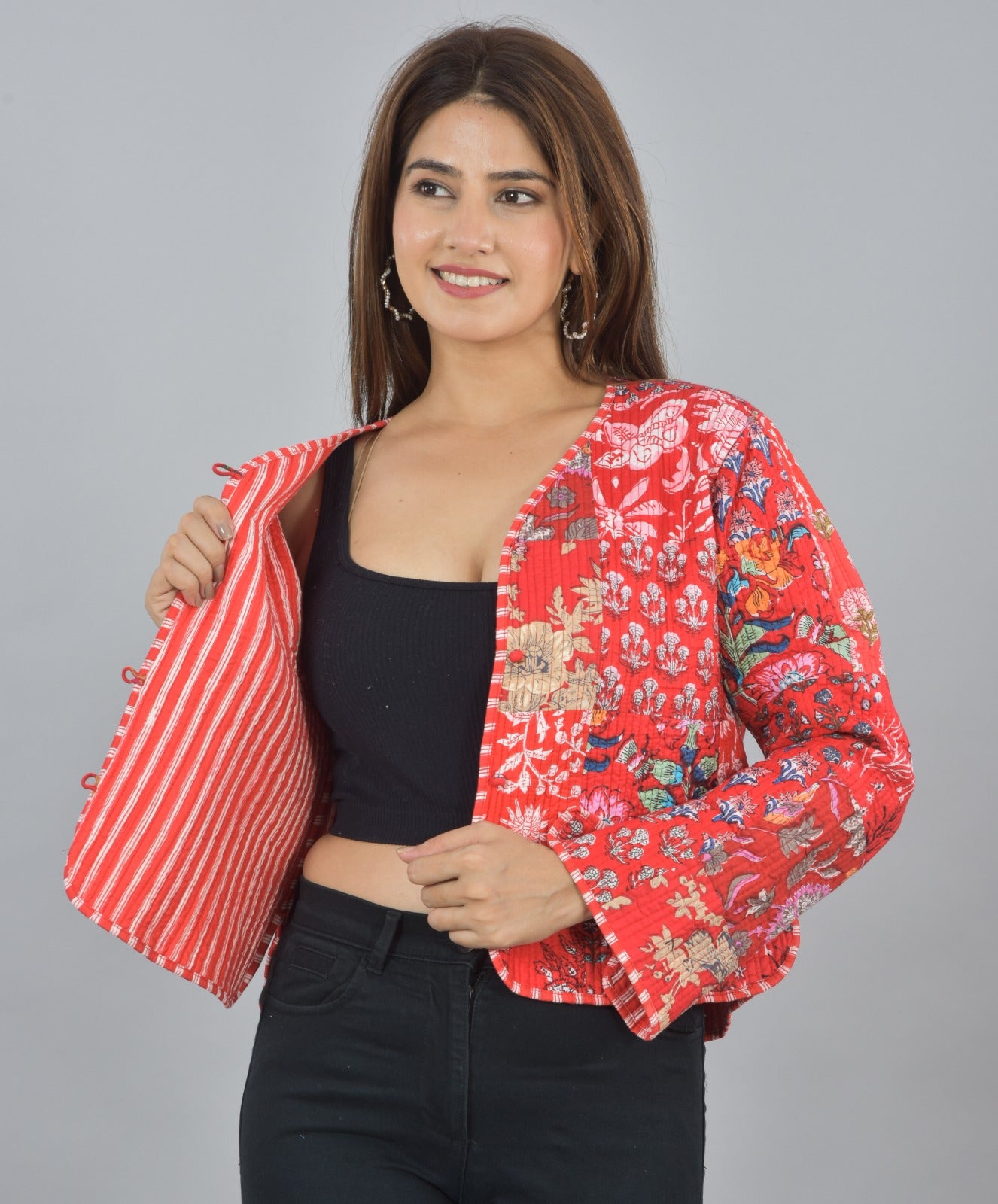 Red Reversible Quilted Jacket Close Up