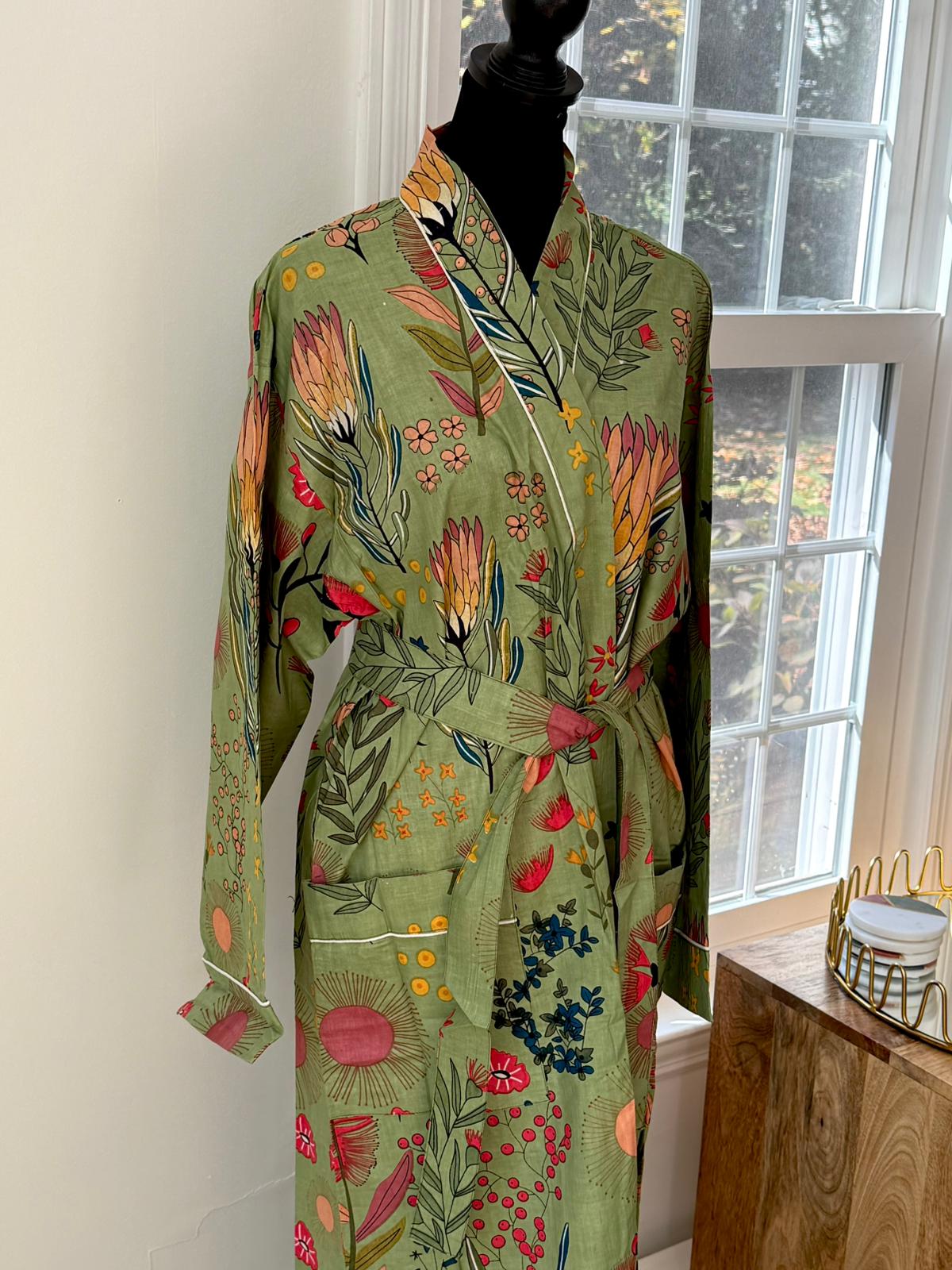 Handcrafted Block Print Cotton Kimono Robe | Sage Green Botanical Wildflower Lounge Robe | Spa & Sleepwear