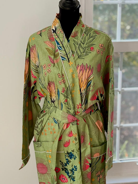 Handcrafted Block Print Cotton Kimono Robe | Sage Green Botanical Wildflower Lounge Robe | Spa & Sleepwear