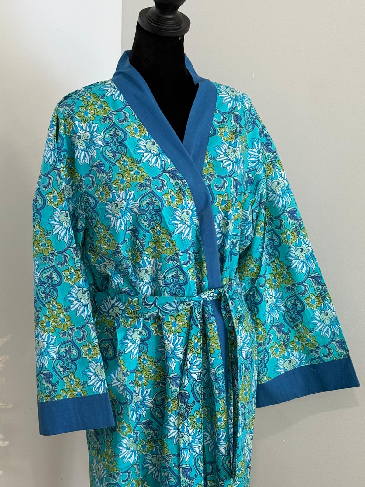 Handcrafted Block Print Cotton Kimono Robe | Turquoise & Blue Floral Botanical Lounge Robe | Spa & Sleepwear