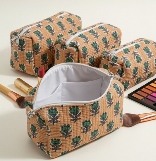 Set Of 3 Makeup Bag, Jaipur Butti Floral Block Print Cotton Travel Case, Quilted Cosmetic Storage Bag Set