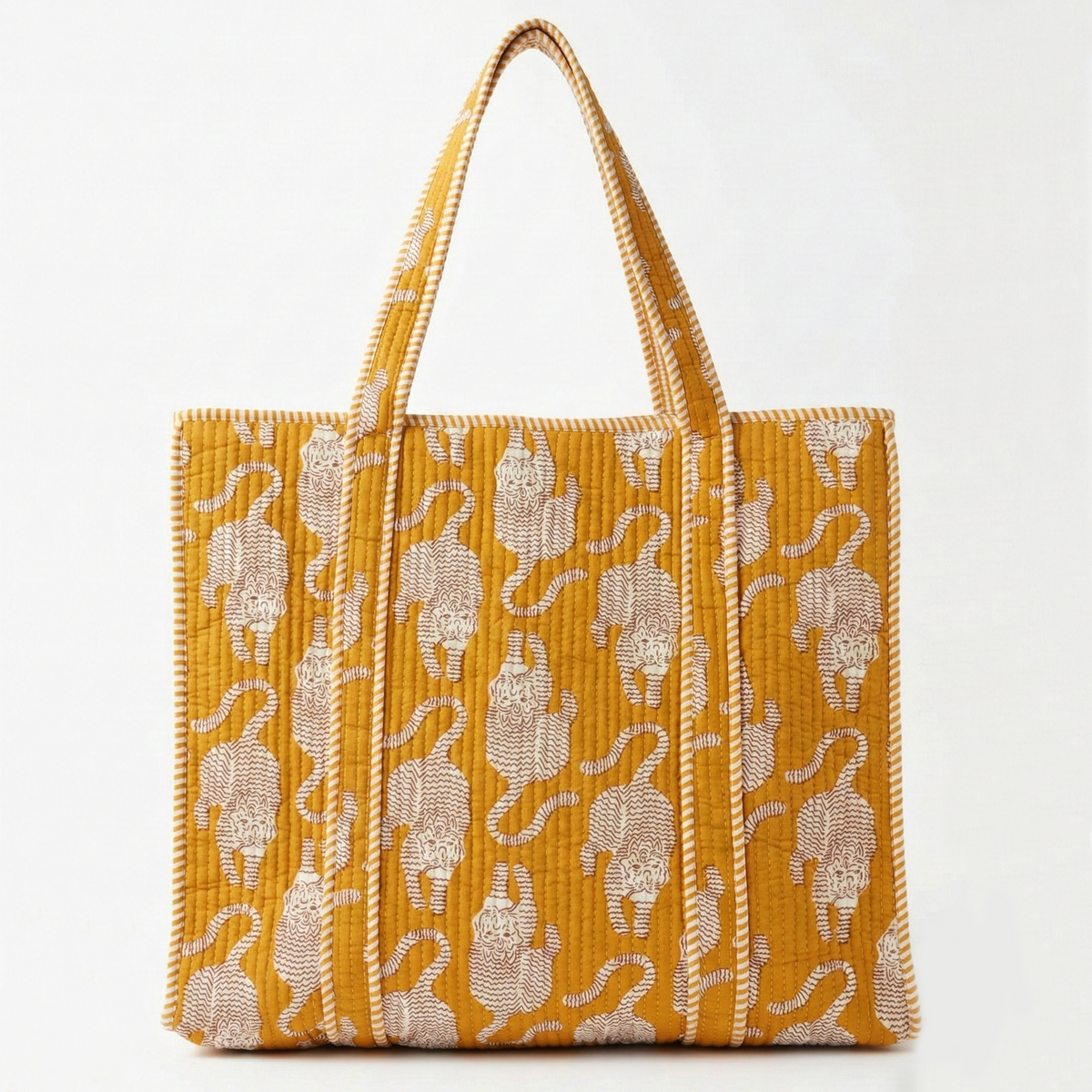 Handmade Yellow Tiger Print Quilted Cotton Tote Bag, Indian Hand Block Print Boho Shoulder Bag, Animal Print Travel Shopping Beach Bag