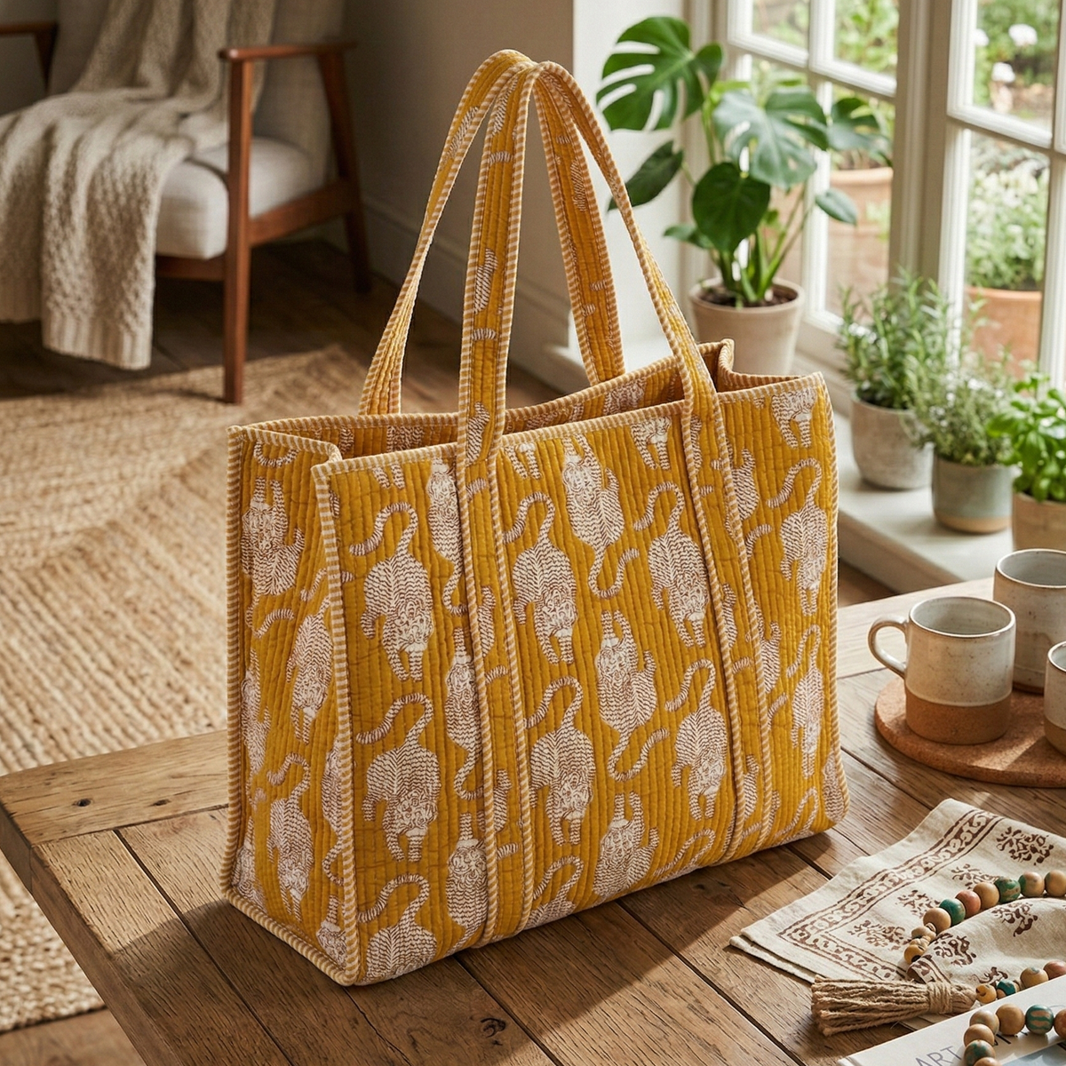 Handmade Yellow Tiger Print Quilted Cotton Tote Bag, Indian Hand Block Print Boho Shoulder Bag, Animal Print Travel Shopping Beach Bag