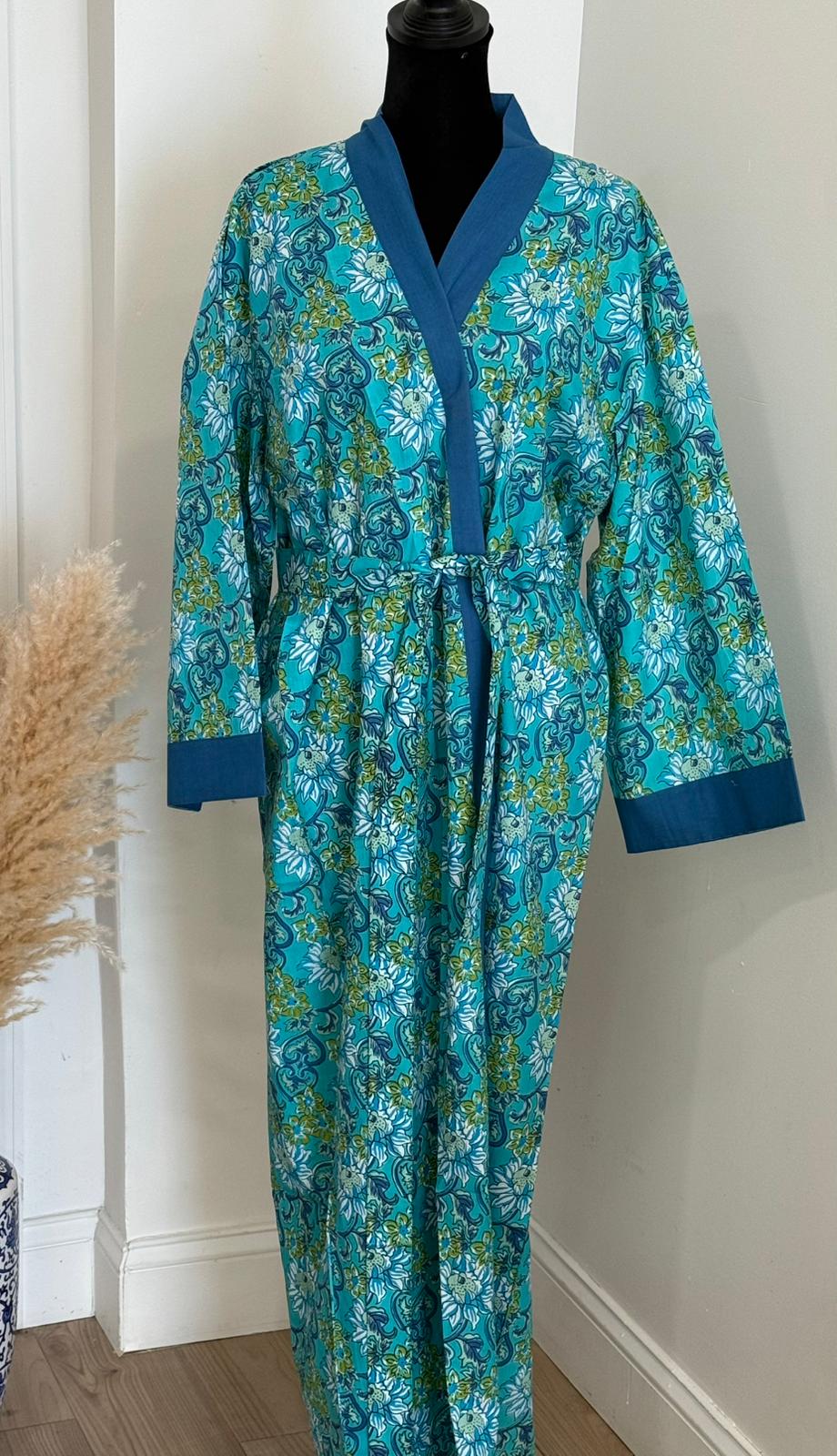 Handcrafted Block Print Cotton Kimono Robe | Turquoise & Blue Floral Botanical Lounge Robe | Spa & Sleepwear