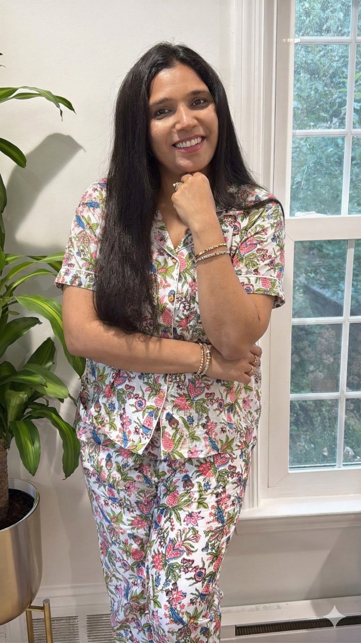 Pink & Green Floral Hand Block Print Cotton Pajama Set, Holiday Sleepwear & Loungewear, Christmas Gift