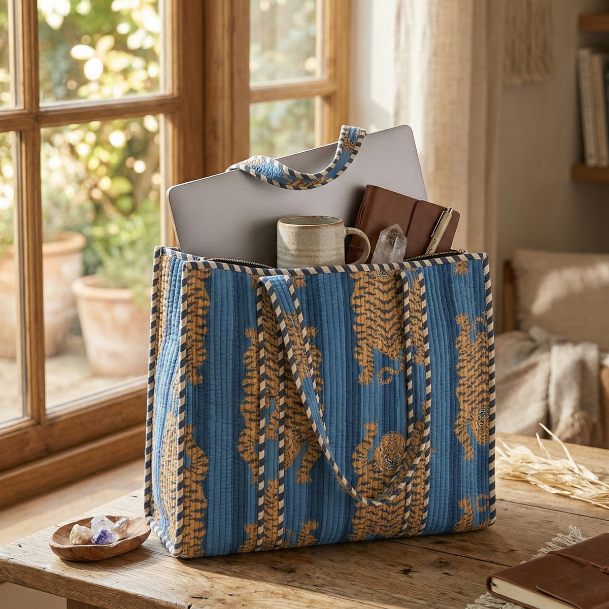 Handmade Blue Tiger Print Quilted Cotton Tote Bag, Indian Hand Block Print Boho Shoulder Bag, Animal Print Travel Shopping Beach Bag
