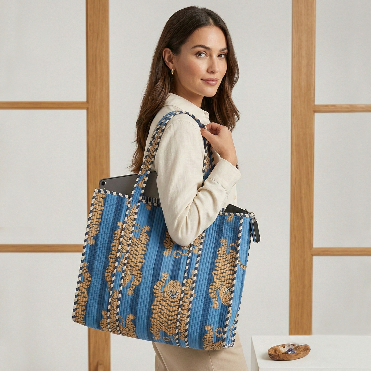 Handmade Blue Tiger Print Quilted Cotton Tote Bag, Indian Hand Block Print Boho Shoulder Bag, Animal Print Travel Shopping Beach Bag
