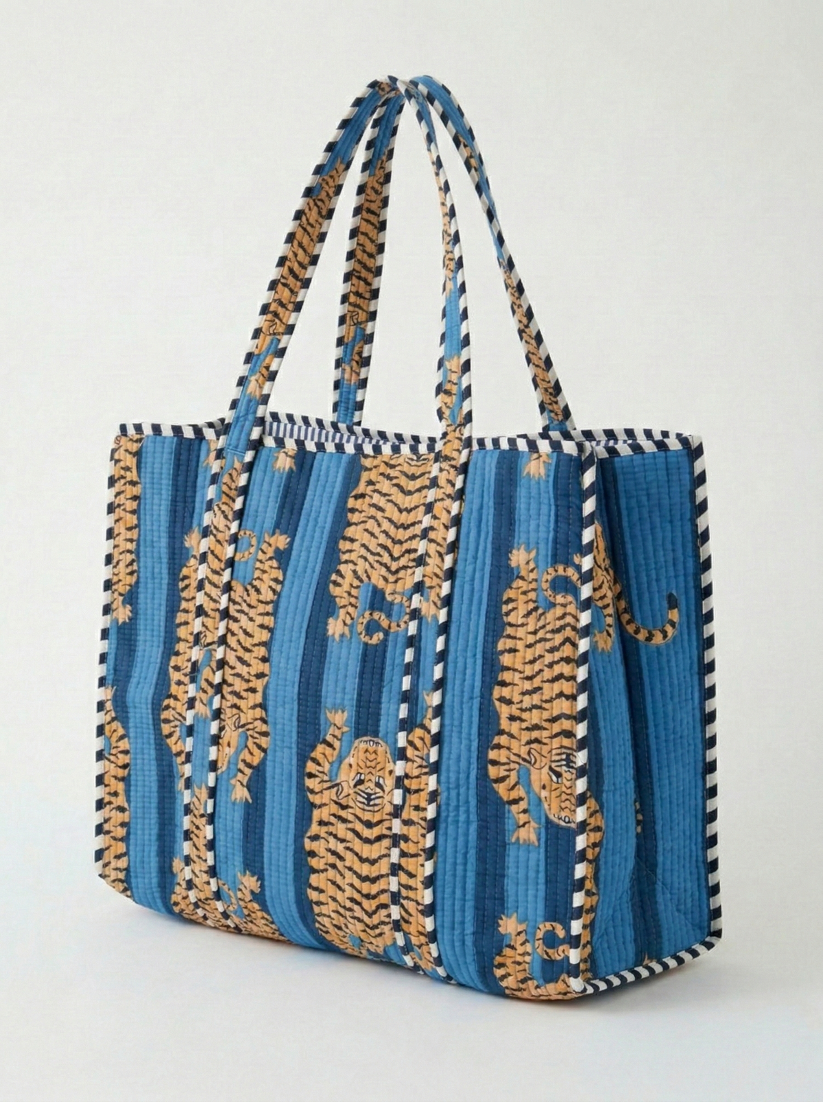 Handmade Blue Tiger Print Quilted Cotton Tote Bag, Indian Hand Block Print Boho Shoulder Bag, Animal Print Travel Shopping Beach Bag