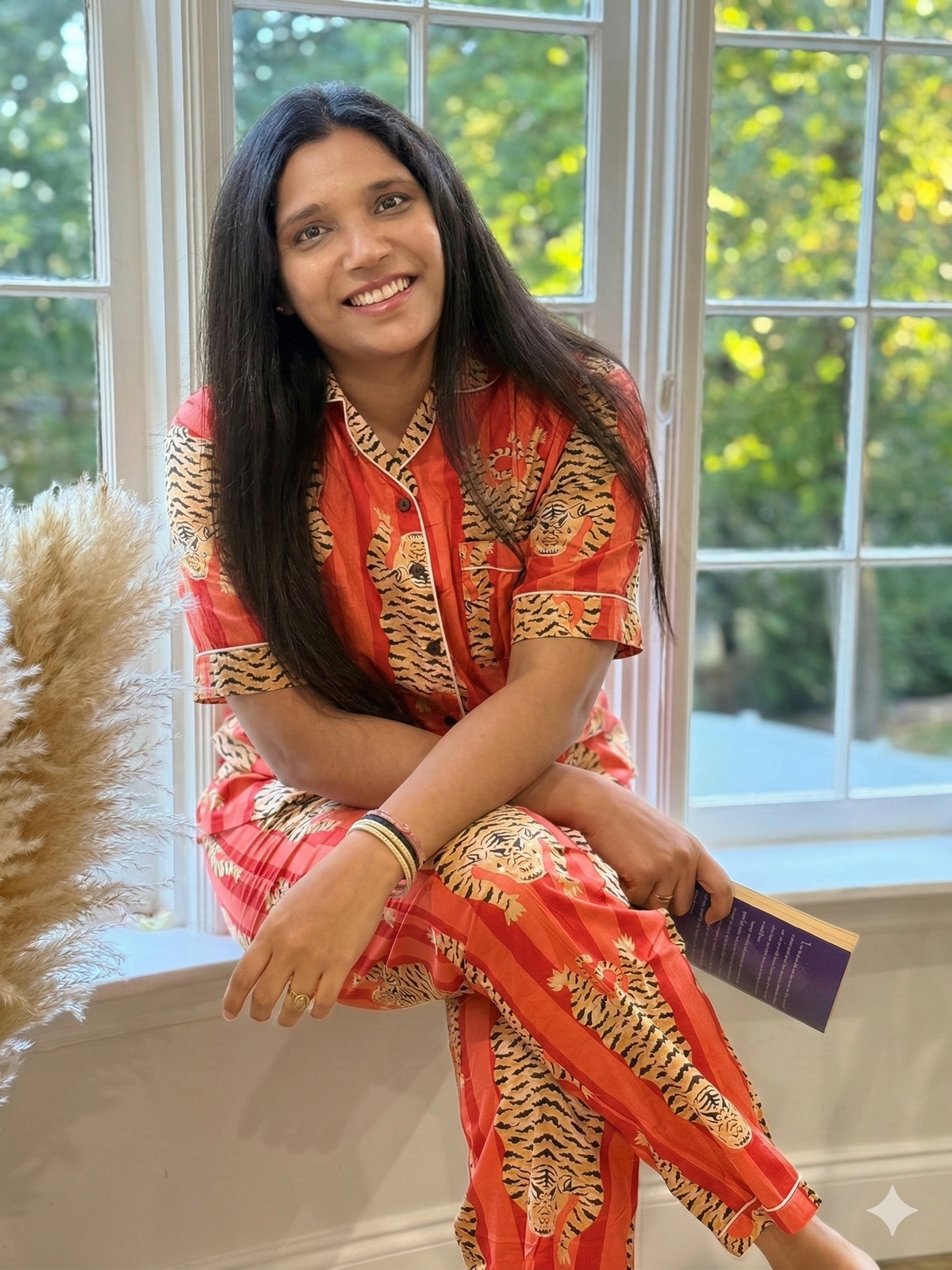 Orange & Pink Tiger Stripe Hand Block Print Cotton Pajama Set, Short Sleeve Nightwear & Loungewear, Christmas Gift for Her