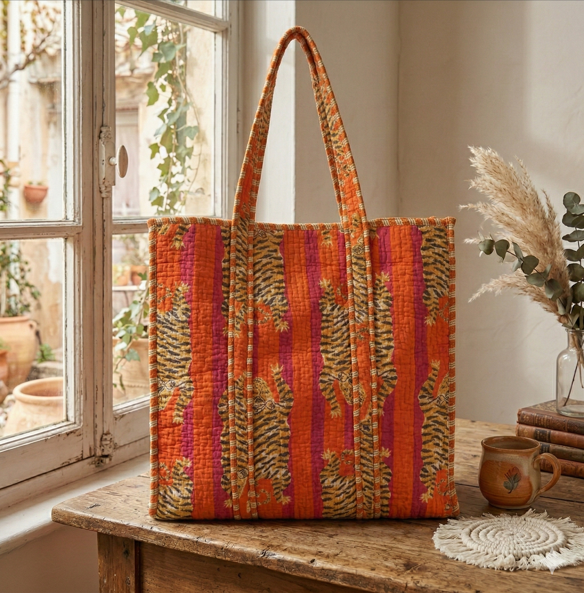 Handmade Blue Tiger Print Quilted Cotton Tote Bag, Indian Hand Block Print Boho Shoulder Bag, Animal Print Travel Shopping Beach Bag
