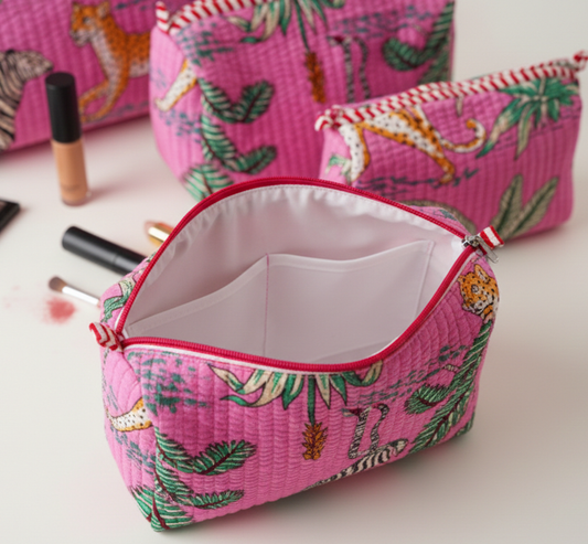 Set Of 3 Makeup Bag, Rani Safari Tropical Block Print Cotton Wash Kit, Quilted Travel Vanity Pouch