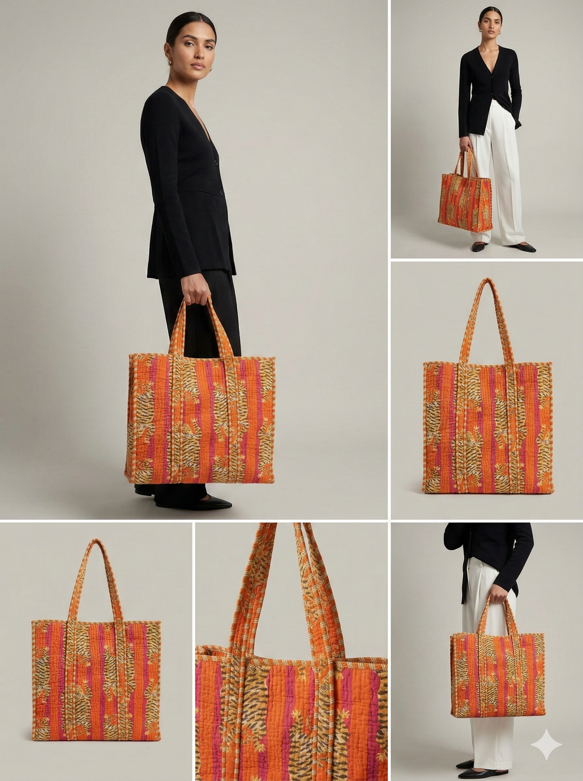 Handmade Blue Tiger Print Quilted Cotton Tote Bag, Indian Hand Block Print Boho Shoulder Bag, Animal Print Travel Shopping Beach Bag
