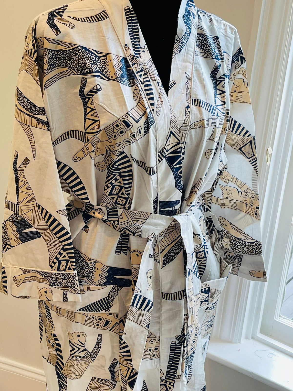 Handcrafted Block Print Cotton Kimono Robe | Navy Blue & Beige Abstract Animal Lounge Robe | Spa & Sleepwear