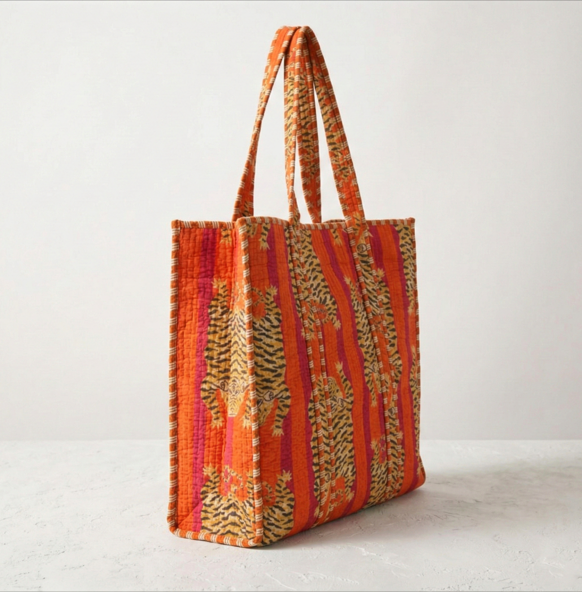 Handmade Blue Tiger Print Quilted Cotton Tote Bag, Indian Hand Block Print Boho Shoulder Bag, Animal Print Travel Shopping Beach Bag