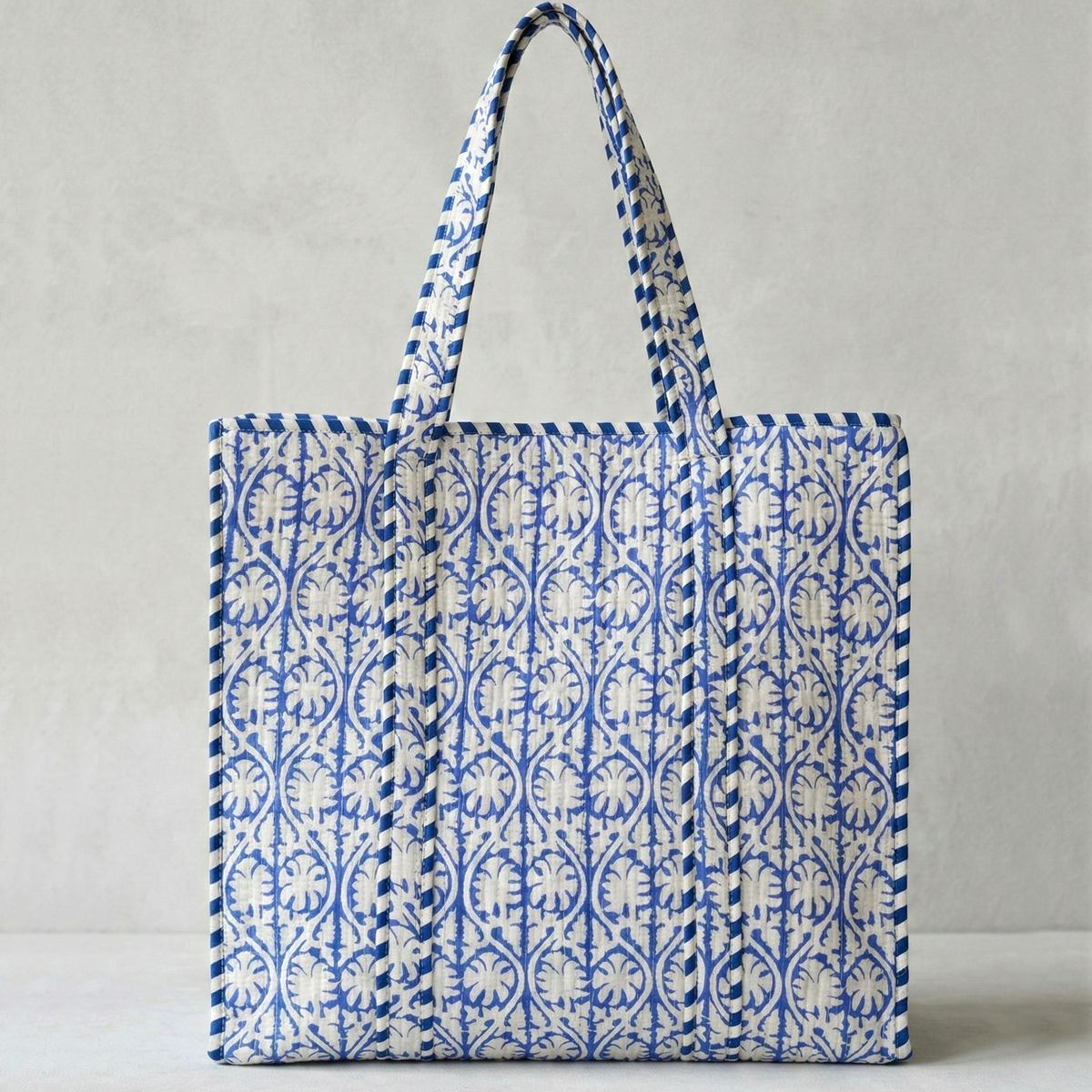 Handmade Blue Scrolling Leaf Block Print Quilted Cotton Tote Bag, Indian Boho Shoulder Bag, Baroque Travel Shopping Beach Bag