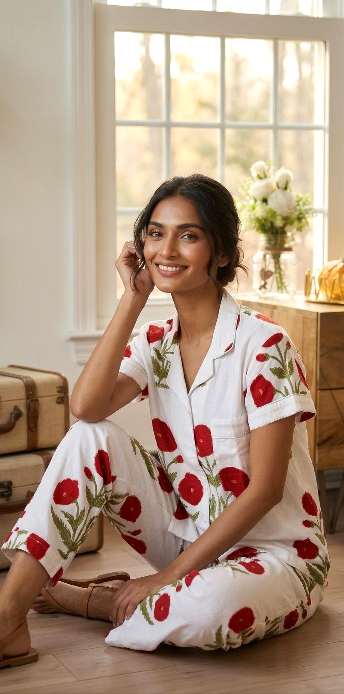 Crimson Red Poppy Floral Hand Block Print Cotton Short Sleeves Pajama Set, Lounge and Sleepwear, Holiday Pajamas Set